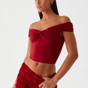 Trixie Twist Off Shoulder Top - Maroon