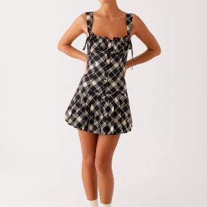Tuni Cotton Mini Dress - Taupe Check