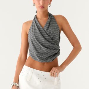 Vassy Halter Top - Grey Marle Stripe