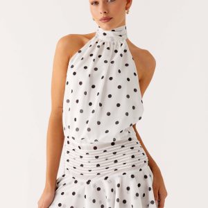 Willow Chiffon Mini Dress - White Polka Dot