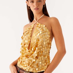 Xander Sequin Halter Top - Gold