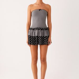 Yerin Strapless Frill Mini Dress - Grey Polkadot