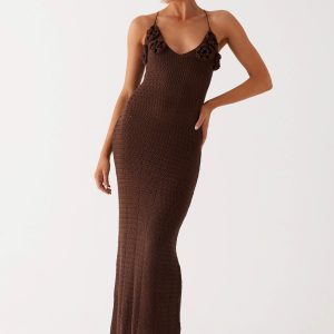 Zara Rose Crochet Maxi Dress - Chocolate